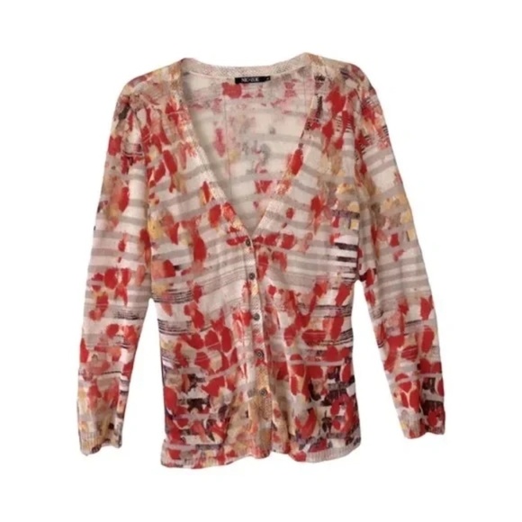 Nic+Zoe | Floral Stripe Linen Blend Open Knit Button Front Cardigan, Large - Picture 1 of 6